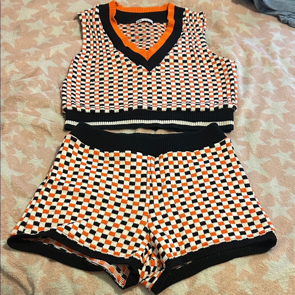 Zara Checker Knit Crop Tank & Shorts Set in Orange, Black & Cream